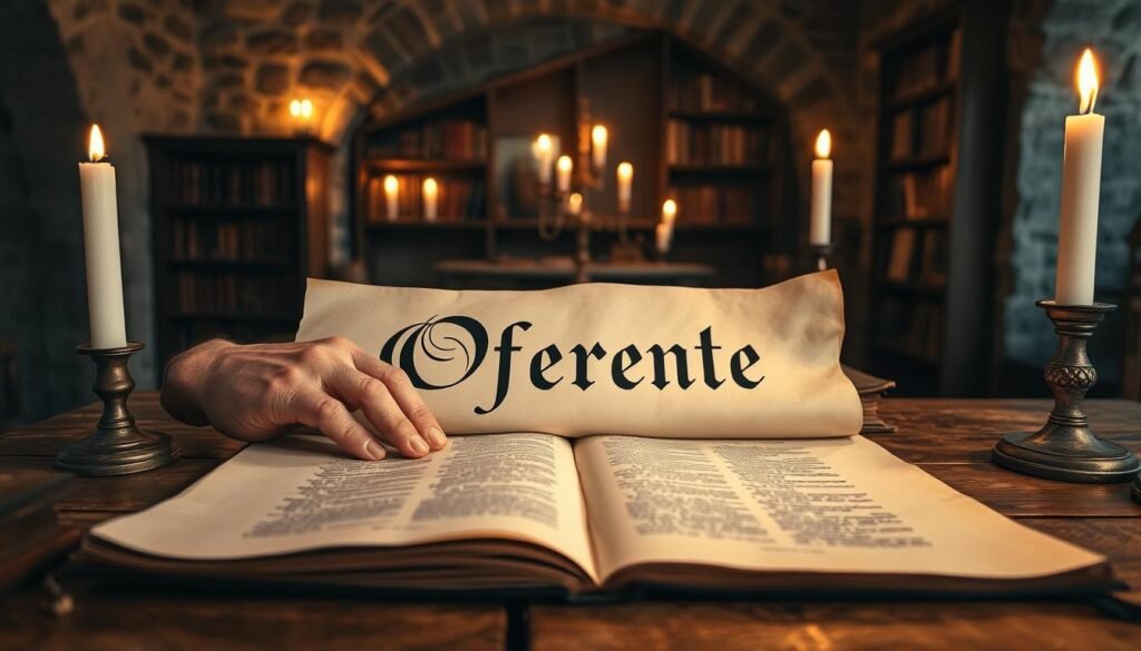 An ancient scroll laid open on a rustic wooden table, revealing the word "Oferente" beautifully inscribed in elegant calligraphy. In the foreground, a pair of aged hands gently touch the scroll, symbolizing wisdom and tradition. The middle ground captures the warm glow of candlelight, casting soft shadows that enhance the serene atmosphere. An old Bible rests nearby, its pages slightly yellowed with age. In the background, a dimly lit, stone-walled study filled with bookshelves brimming with religious texts adds depth. The scene is illuminated by the flicker of candles, creating a contemplative mood. The focus is soft, evoking a sense of exploration and reflection, inviting viewers to ponder the origins and significance of the term.