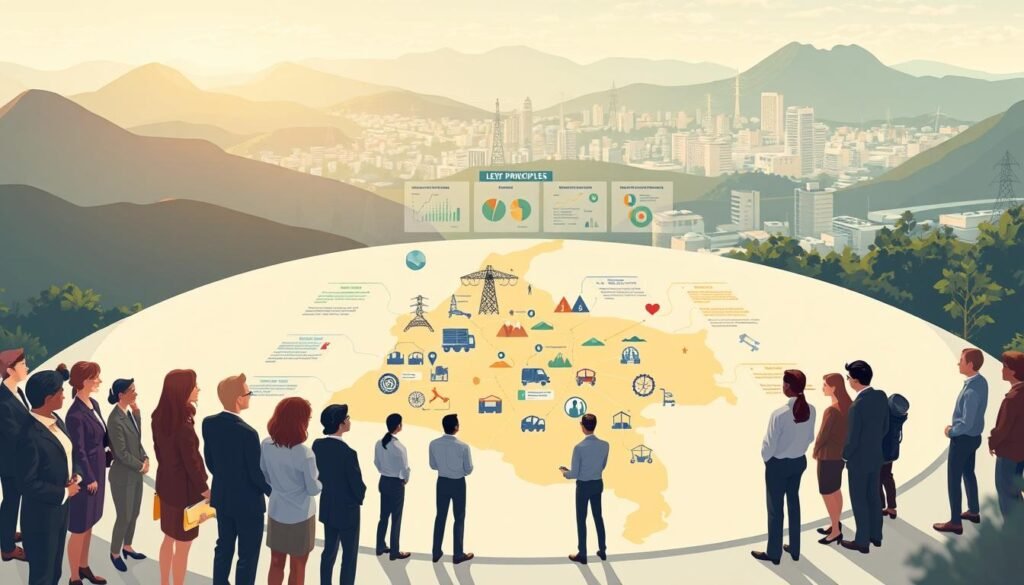 An illustrated representation of the guiding principles of Colombia’s Ley 142 of 1994, focusing on public services. In the foreground, a diverse group of professionals in business attire, symbolizing cooperation, stands around a large map of Colombia with various infrastructure icons (e.g., water, electricity, transportation) on it. The middle ground features a modern, collaborative workspace with charts and diagrams illustrating the law’s principles, such as transparency and equity in public services. The background shows the Colombian landscape, with mountains and urban areas merging, symbolizing progress and connectivity. Soft, warm lighting accentuates the scene, creating an atmosphere of hope and innovation, while a wide-angle lens captures the collaborative spirit and the vastness of the country. An illustrated representation of the guiding principles of Colombia’s Ley 142 of 1994, focusing on public services. In the foreground, a diverse group of professionals in business attire, symbolizing cooperation, stands around a large map of Colombia with various infrastructure icons (e.g., water, electricity, transportation) on it. The middle ground features a modern, collaborative workspace with charts and diagrams illustrating the law’s principles, such as transparency and equity in public services. The background shows the Colombian landscape, with mountains and urban areas merging, symbolizing progress and connectivity. Soft, warm lighting accentuates the scene, creating an atmosphere of hope and innovation, while a wide-angle lens captures the collaborative spirit and the vastness of the country.