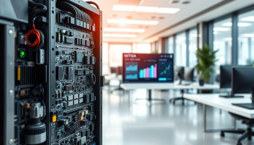 An intricate electronic system displayed prominently in the foreground, showcasing various interconnected components like circuit boards, microchips, and digital screens. In the middle ground, represent a sleek computer interface resembling a digital portal with graphical representations of data and analytics, highlighting features of a contracting platform. The background should be softly blurred to suggest a modern office environment with subtle hints of technology, enhancing the focus on the electronic system. Use bright, natural lighting to give a clean, professional look, with a slight glow emanating from the screens to create an inviting atmosphere. Capture the essence of modern technology and its impact on contracting processes.