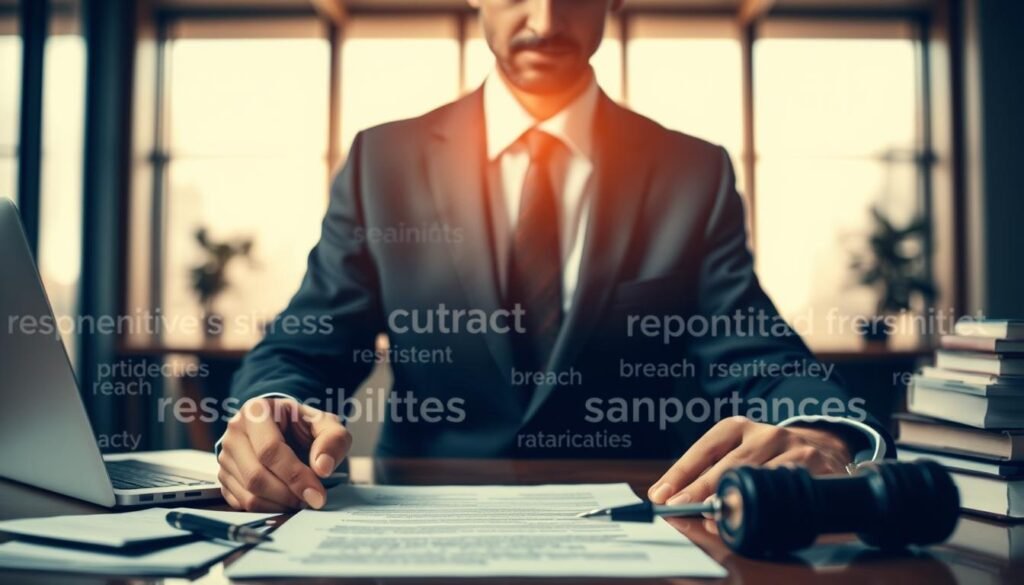 An intricate scene depicting the concept of contract responsibilities and penalties. In the foreground, a confident businessperson in a tailored suit, holding a pen and reviewing a contract on a modern desk with a laptop and legal books. In the middle ground, a soft-focus overlay of documents with keywords like "responsibilities," "breach," and "sanctions" subtly visible. The background features a sleek office with large windows letting in warm, natural light, creating an atmosphere of professionalism and accountability. The lens perspective is slightly angled from above, emphasizing the contract. The mood should convey a sense of seriousness, attention to detail, and the weight of commitment before signing a contract.