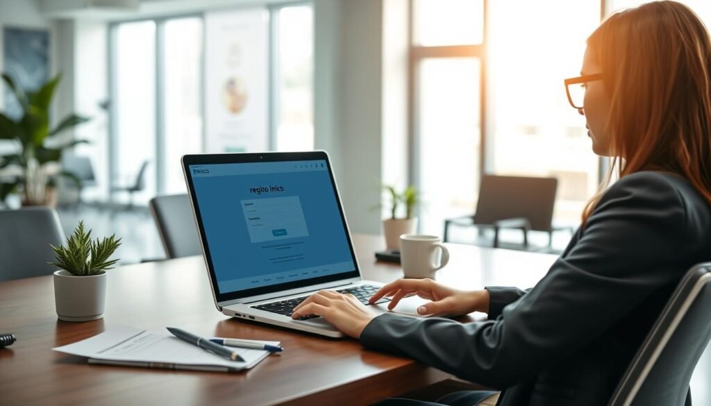 An office scene featuring a professional woman in business attire sitting at a sleek desk, focused on her laptop while accessing the "registro único" online registration platform. In the foreground, a close-up of the laptop screen displaying a user-friendly webpage with a registration form. The middle layer should include a well-organized workspace with documents, a potted plant, and a coffee mug, emphasizing productivity and efficiency. The background shows a modern, bright office with large windows allowing natural light to flood the room, creating an inviting atmosphere. Use a soft focus on the background to keep the attention on the registration process. The mood is one of determination and clarity, highlighting the importance of completing the registration step for public procurement in Colombia. An office scene featuring a professional woman in business attire sitting at a sleek desk, focused on her laptop while accessing the "registro único" online registration platform. In the foreground, a close-up of the laptop screen displaying a user-friendly webpage with a registration form. The middle layer should include a well-organized workspace with documents, a potted plant, and a coffee mug, emphasizing productivity and efficiency. The background shows a modern, bright office with large windows allowing natural light to flood the room, creating an inviting atmosphere. Use a soft focus on the background to keep the attention on the registration process. The mood is one of determination and clarity, highlighting the importance of completing the registration step for public procurement in Colombia.