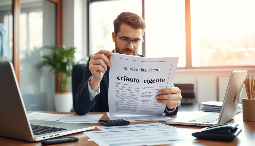 An office setting featuring a focused business professional reviewing a "cupo de crédito vigente" document on their desk. The foreground includes a neatly arranged workspace with a laptop, financial documents, and a calculator, symbolizing attention to detail. In the middle, the professional, dressed in formal business attire, is holding the document with a thoughtful expression, emphasizing diligence in understanding financial obligations. The background features a large window allowing natural light to pour in, creating a bright and positive atmosphere. The image is taken from a slightly elevated angle to offer a comprehensive view of the workspace while maintaining focus on the document. The overall mood is serious yet productive, highlighting the importance of financial guarantees in professional settings. An office setting featuring a focused business professional reviewing a "cupo de crédito vigente" document on their desk. The foreground includes a neatly arranged workspace with a laptop, financial documents, and a calculator, symbolizing attention to detail. In the middle, the professional, dressed in formal business attire, is holding the document with a thoughtful expression, emphasizing diligence in understanding financial obligations. The background features a large window allowing natural light to pour in, creating a bright and positive atmosphere. The image is taken from a slightly elevated angle to offer a comprehensive view of the workspace while maintaining focus on the document. The overall mood is serious yet productive, highlighting the importance of financial guarantees in professional settings.