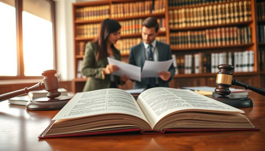 An open law book resting on a polished wooden desk, surrounded by legal documents and a gavel, symbolizing the essence of "Ley 734 de 2002" in Colombia. The foreground features detailed pages of the law book with intricate illustrations and headings, illuminated by warm, soft lighting that casts gentle shadows. In the middle ground, a pair of professional business professionals, dressed in formal attire, thoughtfully reviewing the documents, conveying a sense of collaboration and analysis. The background showcases a bookshelf filled with more legal texts and statutes, creating an academic atmosphere. The overall mood is serious yet enlightening, emphasizing the importance of understanding legal frameworks. The scene is captured in a well-composed angle that draws the viewer into the environment. An open law book resting on a polished wooden desk, surrounded by legal documents and a gavel, symbolizing the essence of "Ley 734 de 2002" in Colombia. The foreground features detailed pages of the law book with intricate illustrations and headings, illuminated by warm, soft lighting that casts gentle shadows. In the middle ground, a pair of professional business professionals, dressed in formal attire, thoughtfully reviewing the documents, conveying a sense of collaboration and analysis. The background showcases a bookshelf filled with more legal texts and statutes, creating an academic atmosphere. The overall mood is serious yet enlightening, emphasizing the importance of understanding legal frameworks. The scene is captured in a well-composed angle that draws the viewer into the environment.