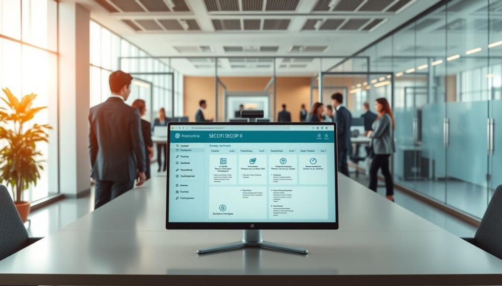 An organized and modern office setting representing the Procuraduría General de la Nación in Colombia. The foreground features a sleek desk with a computer displaying an interface of SECOP II, showcasing a directory of processes and services. In the middle, a large window lets in natural light, illuminating the workspace with a professional atmosphere. In the background, glass partitions separate different work areas, featuring business professionals in smart attire engaging in discussions. The mood is focused and efficient, emphasizing collaboration and transparency. The scene captures a contemporary office vibe with warm lighting, and a wide-angle perspective enhances the depth of the environment. The image should be devoid of any text, logos, or identifiable markings. An organized and modern office setting representing the Procuraduría General de la Nación in Colombia. The foreground features a sleek desk with a computer displaying an interface of SECOP II, showcasing a directory of processes and services. In the middle, a large window lets in natural light, illuminating the workspace with a professional atmosphere. In the background, glass partitions separate different work areas, featuring business professionals in smart attire engaging in discussions. The mood is focused and efficient, emphasizing collaboration and transparency. The scene captures a contemporary office vibe with warm lighting, and a wide-angle perspective enhances the depth of the environment. The image should be devoid of any text, logos, or identifiable markings.