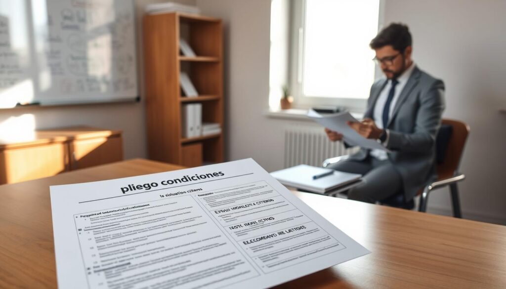 An organized office space featuring a detailed "pliego condiciones" document prominently displayed on an oak desk. The document should be illustrated with various sections highlighted, such as requirements, evaluation criteria, and compliance notes. In the background, a whiteboard with brainstorming notes and legal references pertains to Decreto 1082 de 2015. Soft, natural light filters through a window, casting gentle shadows, creating a focused and professional atmosphere. A business professional, in a smart casual outfit, is seen reviewing another document, ensuring adherence to regulations. The overall mood should be one of diligence and clarity, emphasizing careful organization in business operations.