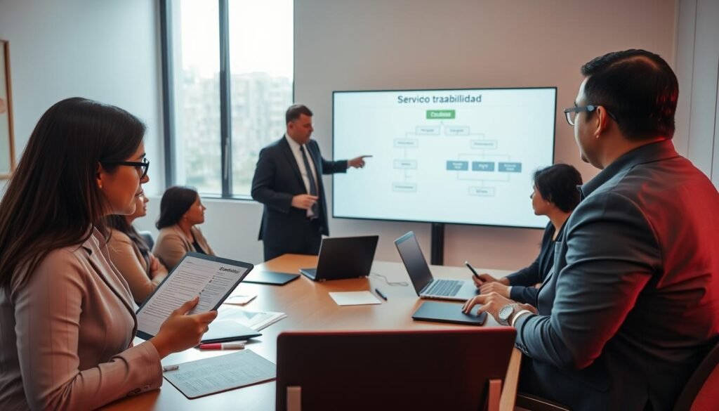 An organized, professional workspace featuring a diverse group of people engaged in a meeting about "servicio trazabilidad" for bid proposals in Colombia. In the foreground, a Colombian woman in business attire is reviewing a checklist on a tablet, while a Colombian man, also in business attire, points to a flowchart on a digital screen illustrating the traceability process. The middle ground showcases a conference table with documents, laptops, and a notepad scattered about, while a large window in the background lets in soft, natural light, enhancing the collaborative atmosphere. The scene conveys focus, professionalism, and teamwork, with warm tones to create an inviting mood. The camera angle is slightly angled from above, capturing the dynamic interaction among the team. An organized, professional workspace featuring a diverse group of people engaged in a meeting about "servicio trazabilidad" for bid proposals in Colombia. In the foreground, a Colombian woman in business attire is reviewing a checklist on a tablet, while a Colombian man, also in business attire, points to a flowchart on a digital screen illustrating the traceability process. The middle ground showcases a conference table with documents, laptops, and a notepad scattered about, while a large window in the background lets in soft, natural light, enhancing the collaborative atmosphere. The scene conveys focus, professionalism, and teamwork, with warm tones to create an inviting mood. The camera angle is slightly angled from above, capturing the dynamic interaction among the team.