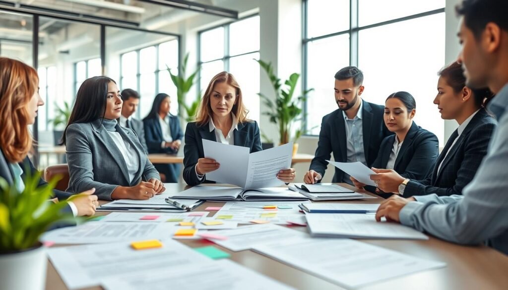 An organized workspace with a professional setting, showcasing a diverse group of individuals engaged in a collaborative meeting. In the foreground, a businesswoman in formal attire is reviewing documents, emphasizing clarity with a focused expression. In the middle, a table is cluttered with essential documents such as proposals and contracts—highlighted with colorful sticky notes—indicating various requirements for submitting a solid offer. The background features a modern office environment with large windows allowing natural light to create a bright atmosphere. The mood is dynamic and professional, reflecting a sense of teamwork and diligence. Shot from a slightly angled perspective to add depth, with a soft focus on the office plants to enhance a welcoming environment.