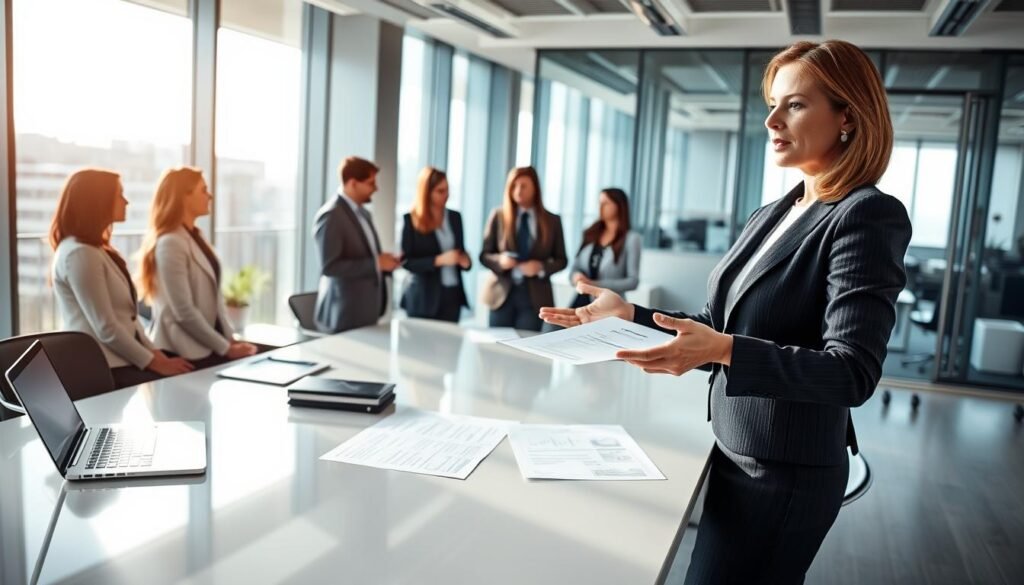 In a contemporary office setting, a professional business meeting is taking place. In the foreground, a confident woman in a tailored suit gestures while presenting documents on a sleek table, illustrating the concept of contract adjudication and execution. On the table, legal paperwork and a laptop are prominently displayed. The middle ground features diverse professionals engaged in discussion, all dressed in business attire, showcasing collaboration and decision-making. The background reveals a modern office with large windows allowing natural light to flood the space, creating an optimistic atmosphere. The scene is bright and well-lit, enhancing the sense of professionalism and urgency in the contract process. The lens captures a slightly angled view that invites the viewer into the scene, emphasizing interaction and teamwork.