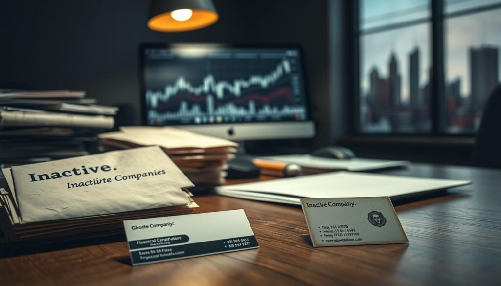 In a dimly lit office environment, focus on a stack of dusty, unopened envelopes labeled "Inactive Companies" on a cluttered wooden desk, suggesting stalled business activities. In the foreground, a pair of neatly arranged business cards, one for a ghost company and another for financial services, hint at dubious transactions. In the middle ground, a blurred computer screen displays financial charts, indicating suspicious money movement. The background features faded images of city skylines reflecting on a glass window, symbolizing lost opportunities. Soft shadows cast by a single overhead light create an atmosphere of secrecy and unease, emphasizing the hidden activities of these ghost companies. A narrow depth of field should draw attention to the desk while softly blurring the background.