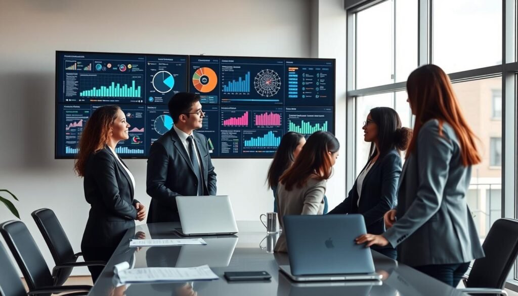 In a modern office environment, showcase a cluster of digital screens displaying graphs, charts, and dynamic data visualizations representing centralized information. In the foreground, feature a diverse group of four professionals in smart business attire, deeply engaged in discussion, analyzing the data on the screens. The middle ground includes a sleek conference table with laptops and documents neatly arranged, emphasizing an organized workspace. In the background, large windows allow soft, natural light to flood the room, giving a sense of openness and clarity. The overall mood should convey professionalism, collaboration, and innovative problem-solving in the realm of public bidding opportunities, reflecting a proactive approach to information centralization. In a modern office environment, showcase a cluster of digital screens displaying graphs, charts, and dynamic data visualizations representing centralized information. In the foreground, feature a diverse group of four professionals in smart business attire, deeply engaged in discussion, analyzing the data on the screens. The middle ground includes a sleek conference table with laptops and documents neatly arranged, emphasizing an organized workspace. In the background, large windows allow soft, natural light to flood the room, giving a sense of openness and clarity. The overall mood should convey professionalism, collaboration, and innovative problem-solving in the realm of public bidding opportunities, reflecting a proactive approach to information centralization.