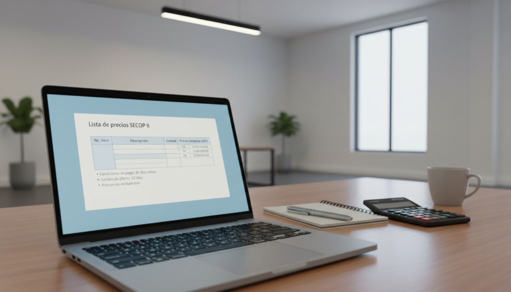 A detailed view of an open digital document displaying a "Lista de precios SECOP II", with neatly organized tables and bullet points. The foreground should show a modern laptop with a soft glow emanating from the screen, reflecting the document's content. In the middle, include a well-organized workspace with stationery items like a pen, notepad, and a calculator, suggesting a professional atmosphere. The background features a bright, well-lit room with a minimalist design, incorporating soft lighting that creates a calm and focused mood. Use a shallow depth of field to emphasize the document details while keeping the overall ambiance professional and inviting. Capture the image from a slightly angled perspective, highlighting the document's layout and the workspace’s organized nature.