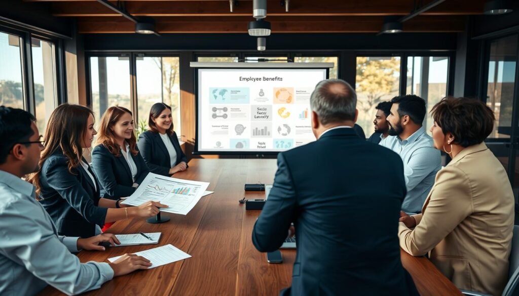 A diverse group of professionals in business attire gathered around a large wooden table, engaging in a focused discussion about employee benefits and social security. In the foreground, a woman is pointing at a document that outlines different social benefits, while a man takes notes on a tablet. In the middle, several infographics depicting various social benefits like healthcare, pensions, and vacation time are displayed on a projector screen. The background shows a modern office setting with large windows, letting in warm, natural light that creates an inviting atmosphere. The mood is collaborative and informative, reflecting the importance of understanding social benefits in relation to salary. The camera angle is slightly elevated, capturing the entire scene with clarity and detail.