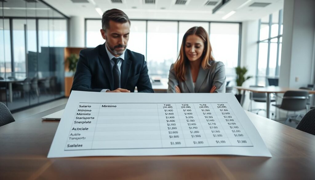 A modern office environment, with a professional male and female duo in the foreground discussing finance. They are dressed in business attire, portraying a sense of teamwork and collaboration. In the middle ground, there's a large document open on a table showing salary breakdowns, including "salario mínimo" and "auxilio de transporte." Behind them, a sleek, minimalistic office with large windows letting in bright, natural light, emphasizing clarity and transparency. The atmosphere is focused and productive, highlighting themes of finance and teamwork. The camera angle is slightly elevated, capturing the expressions of concentration on their faces as they strategize over the document. No text or logos in the image.