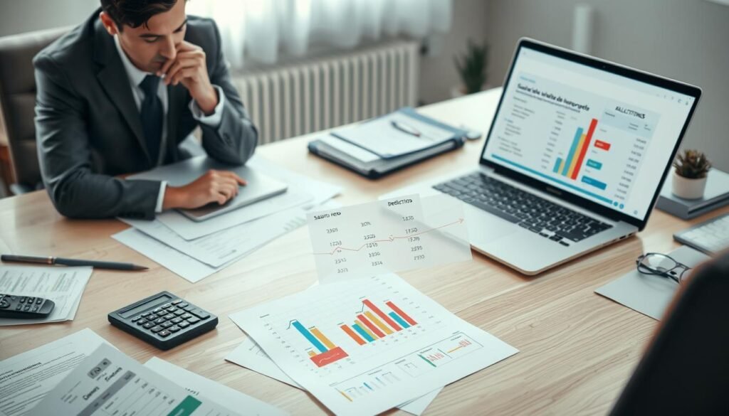A professional office environment, featuring a light wooden desk scattered with neatly organized papers, a calculator, and a laptop displaying spreadsheets related to salary calculations. In the foreground, a focused individual in business attire is analyzing the documents, with a thoughtful expression. The middle layer shows a detailed close-up of a salary breakdown sheet, illustrating "salario neto," deductions, and "auxilio de transporte," represented with clear, colorful graphs and figures. The background features soft natural light filtering through a window, enhancing the ambiance of productivity and professionalism. The overall mood is focused and analytical, capturing the essence of calculating salaries in a business context.