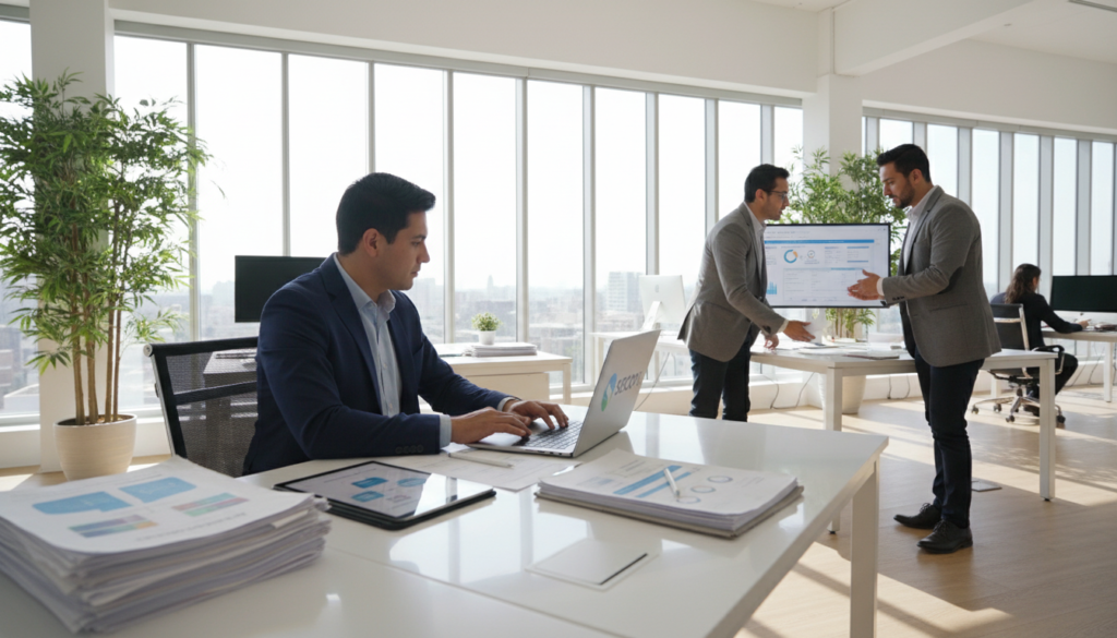 A professional office environment showcasing a person in business attire sitting at a modern desk, intently working on a laptop displaying the SECOP II logo. The foreground features neatly arranged business documents and a tablet, suggesting a focus on procurement and registration processes. In the middle ground, the person is collaborating with another individual, animatedly discussing requirements and procedures. The background is filled with large windows allowing natural light to pour in, creating an inviting atmosphere. Soft shadows cast by indoor plants enhance the professionalism of the space. The overall mood is one of diligence and collaboration, capturing the essence of effective bidding in the SECOP II platform. A professional office environment showcasing a person in business attire sitting at a modern desk, intently working on a laptop displaying the SECOP II logo. The foreground features neatly arranged business documents and a tablet, suggesting a focus on procurement and registration processes. In the middle ground, the person is collaborating with another individual, animatedly discussing requirements and procedures. The background is filled with large windows allowing natural light to pour in, creating an inviting atmosphere. Soft shadows cast by indoor plants enhance the professionalism of the space. The overall mood is one of diligence and collaboration, capturing the essence of effective bidding in the SECOP II platform.