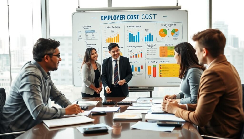 A professional office scene illustrating the concept of "employer cost" in Colombia. In the foreground, a diverse group of business professionals, including a middle-aged Colombian man and a young Colombian woman, are engaged in discussion around a conference table filled with documents, calculators, and financial reports. In the middle ground, a large whiteboard displays colorful infographics and charts highlighting salary calculations, employer contributions, and employee benefits. The background features a modern office with large windows letting in natural light, complemented by a cityscape view. The mood is collaborative and focused, emphasizing clarity and professionalism, captured with a soft yet bright lighting setup to convey an optimistic atmosphere.