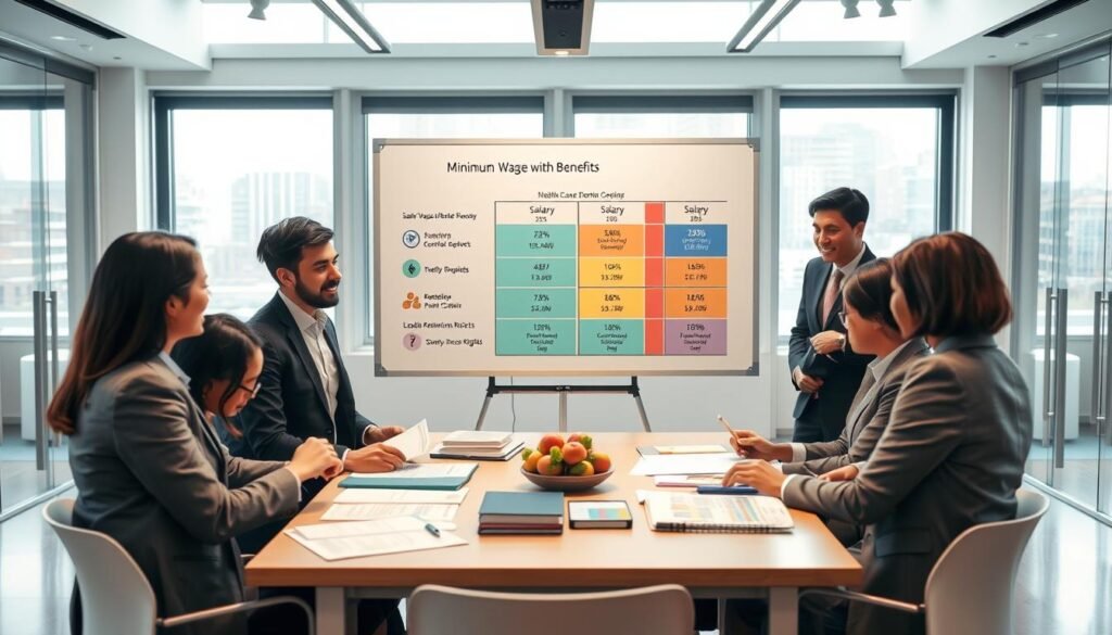 A professional office setting focusing on the concept of minimum wage with benefits in 2026. In the foreground, a diverse group of business professionals dressed in smart business attire are engaged in a discussion around a table filled with documents and charts. The middle ground features a large, clear whiteboard displaying an infographic that breaks down salary components, including base pay and additional benefits like healthcare and retirement contributions, illustrated with vibrant colors. In the background, large windows let in natural light, illuminating the modern office space. The atmosphere is collaborative and informative, suggesting a focus on financial literacy and workforce rights, with a warm and welcoming ambiance to reflect optimism about future wages.