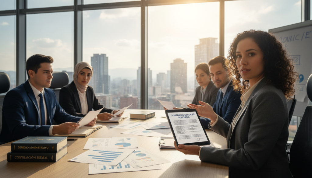 A professional setting featuring a group of diverse business professionals engaged in a meeting about public sector contracting. In the foreground, a confident woman in a tailored suit gestures towards a digital tablet displaying legal documents. In the middle, a large conference table with charts and legal books, indicating a collaborative atmosphere. The background shows a modern office environment with large windows allowing warm natural light to illuminate the scene, highlighting the professionalism and seriousness of the discussion. The mood is focused and determined, emphasizing the importance of legal backing in state contracting processes in Colombia. The image captures a sense of expertise and preparation for public procurement.
