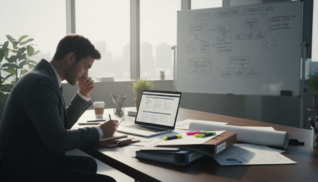 A professional workspace designed for crafting technical proposals, featuring a sleek desk with a laptop open to a detailed proposal document. In the foreground, a person in business attire takes notes, focused and analytical. In the middle ground, neatly arranged folders and papers outline project plans, highlighting sections on technical specifications and economic offers. The background showcases a whiteboard filled with diagrams and flowcharts, emphasizing differentiation strategies. Soft, natural lighting filters in through a large window, casting gentle shadows and creating a calm, productive atmosphere. The overall mood is one of professionalism, determination, and clarity, ideal for illustrating a meticulous approach to successful bidding proposals. A professional workspace designed for crafting technical proposals, featuring a sleek desk with a laptop open to a detailed proposal document. In the foreground, a person in business attire takes notes, focused and analytical. In the middle ground, neatly arranged folders and papers outline project plans, highlighting sections on technical specifications and economic offers. The background showcases a whiteboard filled with diagrams and flowcharts, emphasizing differentiation strategies. Soft, natural lighting filters in through a large window, casting gentle shadows and creating a calm, productive atmosphere. The overall mood is one of professionalism, determination, and clarity, ideal for illustrating a meticulous approach to successful bidding proposals.