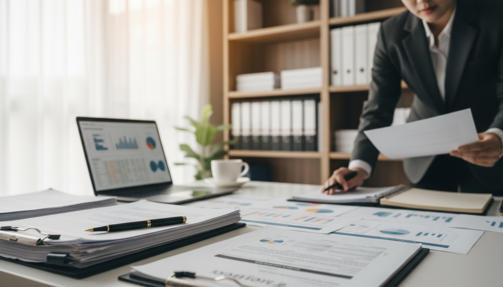 A professional workspace filled with essential documentation for a successful bidding proposal. In the foreground, a neatly organized desk with piles of legal documents, a high-quality pen, a laptop displaying a spreadsheet, and a coffee mug. The middle layer features a close-up of a set of specifications and requirements, clearly laid out. In the background, a soft focus reveals a view of a well-lit office with bookshelves filled with binders and reference materials. The scene is illuminated by warm, natural light coming through a window, creating an atmosphere of diligence and focus. A professional individual in business attire can be seen intently reviewing documents, emphasizing the seriousness of the preparation process. The overall mood conveys professionalism, organization, and determination. A professional workspace filled with essential documentation for a successful bidding proposal. In the foreground, a neatly organized desk with piles of legal documents, a high-quality pen, a laptop displaying a spreadsheet, and a coffee mug. The middle layer features a close-up of a set of specifications and requirements, clearly laid out. In the background, a soft focus reveals a view of a well-lit office with bookshelves filled with binders and reference materials. The scene is illuminated by warm, natural light coming through a window, creating an atmosphere of diligence and focus. A professional individual in business attire can be seen intently reviewing documents, emphasizing the seriousness of the preparation process. The overall mood conveys professionalism, organization, and determination.