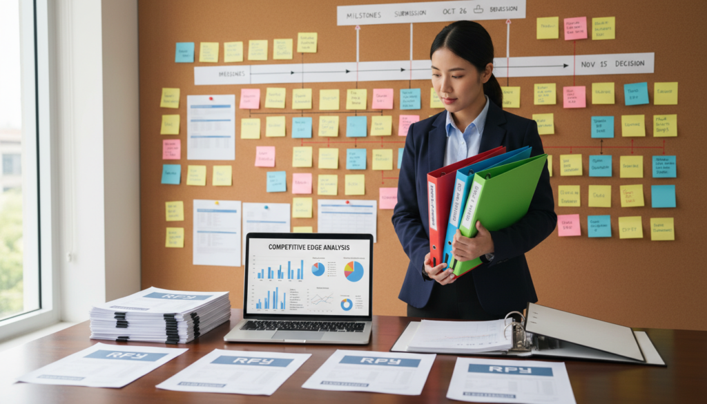 A well-organized workspace showcasing a professional setting for preparing a competitive offer. In the foreground, neatly arranged documents and proposal templates are spread out on a polished wooden table, with a laptop displaying graphs and charts. In the middle, a business professional in smart attire, focused on gathering information, holds a stack of colorful folders containing research and bidding documents. The background features a large bulletin board filled with post-it notes and timelines, symbolizing project management. Soft, natural lighting filters through a nearby window, enhancing the atmosphere of productivity and focus. The image conveys a sense of professionalism, clarity, and determination in the bidding process, ideal for a business article. A well-organized workspace showcasing a professional setting for preparing a competitive offer. In the foreground, neatly arranged documents and proposal templates are spread out on a polished wooden table, with a laptop displaying graphs and charts. In the middle, a business professional in smart attire, focused on gathering information, holds a stack of colorful folders containing research and bidding documents. The background features a large bulletin board filled with post-it notes and timelines, symbolizing project management. Soft, natural lighting filters through a nearby window, enhancing the atmosphere of productivity and focus. The image conveys a sense of professionalism, clarity, and determination in the bidding process, ideal for a business article.
