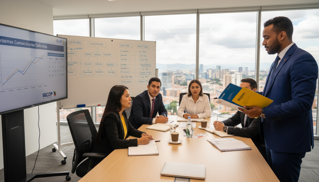 An office setting featuring a diverse group of professionals engaged in a meeting about public procurement opportunities in Colombia. In the foreground, a consultant in a smart business suit reviews colorful documents labeled "SECOP" while pointing at a digital screen displaying data about upcoming convocatorias. The middle ground shows colleagues taking notes and collaborating, with a whiteboard filled with project timelines and key procurement dates. The background features large windows allowing natural light to flood the room, with city views. The atmosphere is focused and collaborative, emphasizing professionalism and strategic planning, captured with a warm color palette and soft, diffuse lighting to create an inviting workspace.