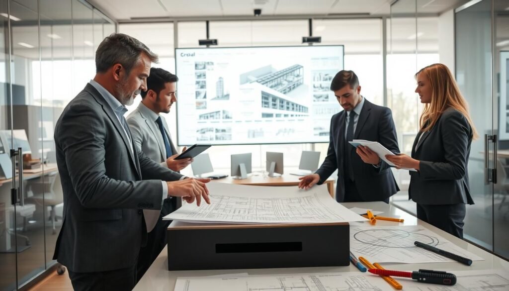 A collaborative scene depicting a team of diverse professionals in business attire, deeply engaged in the planning and technical aspects of construction projects. In the foreground, a male architect points to detailed blueprints on a table, while a female engineer takes notes on a digital tablet. In the middle ground, a large wall-mounted screen displays architectural models and project timelines, surrounded by construction diagrams. The background reveals a well-lit office with glass walls, filled with tools like rulers, computers, and plans. Soft, natural light enters from large windows, creating an atmosphere of focus and cooperation. The image should capture the seriousness and professionalism of technical project planning without any text or watermarks. A collaborative scene depicting a team of diverse professionals in business attire, deeply engaged in the planning and technical aspects of construction projects. In the foreground, a male architect points to detailed blueprints on a table, while a female engineer takes notes on a digital tablet. In the middle ground, a large wall-mounted screen displays architectural models and project timelines, surrounded by construction diagrams. The background reveals a well-lit office with glass walls, filled with tools like rulers, computers, and plans. Soft, natural light enters from large windows, creating an atmosphere of focus and cooperation. The image should capture the seriousness and professionalism of technical project planning without any text or watermarks.