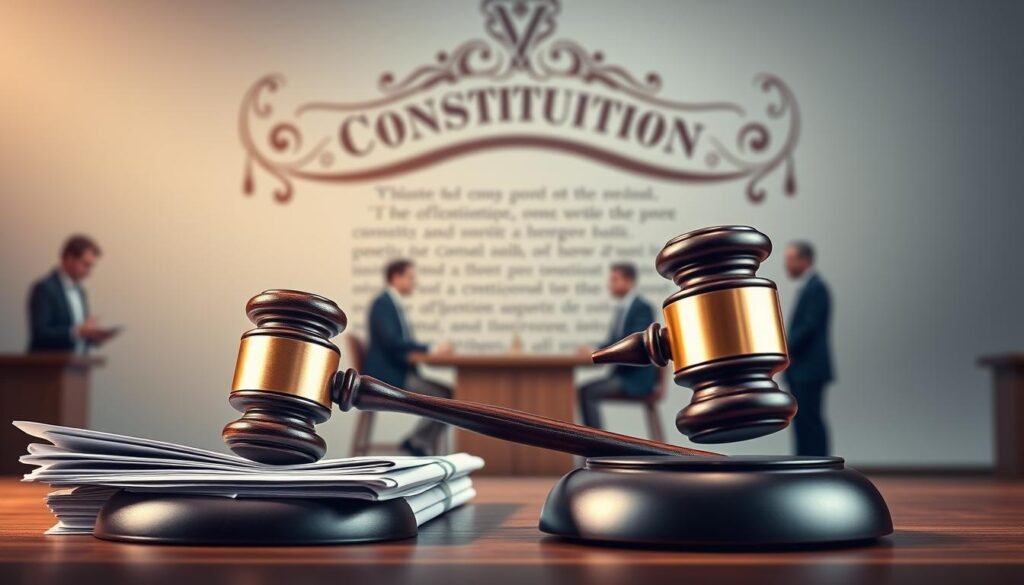 A conceptual illustration representing "perspectiva constitucional nulidad", featuring a balanced composition of a gavel, symbolic of legal authority, positioned prominently in the foreground atop a stack of legal documents. In the middle ground, visualize a blurred depiction of a courtroom with dignified figures in professional business attire, engaged in serious discussion. The background should include a large, abstract representation of a national constitution, with elegant scrolls and subtle elements of justice scales, hinting at the constitutional framework. The lighting should be soft yet focused, creating a solemn atmosphere, with shadows adding depth. Capture the mood of introspection and legal complexity, emphasizing the analytical nature of the topic while ensuring a professional and respectful aesthetic. A conceptual illustration representing "perspectiva constitucional nulidad", featuring a balanced composition of a gavel, symbolic of legal authority, positioned prominently in the foreground atop a stack of legal documents. In the middle ground, visualize a blurred depiction of a courtroom with dignified figures in professional business attire, engaged in serious discussion. The background should include a large, abstract representation of a national constitution, with elegant scrolls and subtle elements of justice scales, hinting at the constitutional framework. The lighting should be soft yet focused, creating a solemn atmosphere, with shadows adding depth. Capture the mood of introspection and legal complexity, emphasizing the analytical nature of the topic while ensuring a professional and respectful aesthetic.