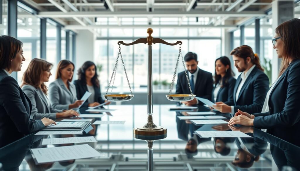 A conceptual image portraying the principles of transparency, responsibility, and integrity in public contracting compliance. In the foreground, feature a diverse group of professionals in business attire, engaged in a collaborative discussion around a transparent table filled with documents and digital tablets showcasing contracts. In the middle ground, depict a large scale, semi-transparent balance scale symbolizing fairness and ethics. The background should have an open office environment with modern decor, large windows allowing natural light to flood the space, creating a bright, optimistic atmosphere. Use soft focus on the background to emphasize the professionals in the foreground, capturing a mood of cooperation and commitment to ethical practices in public procurement.