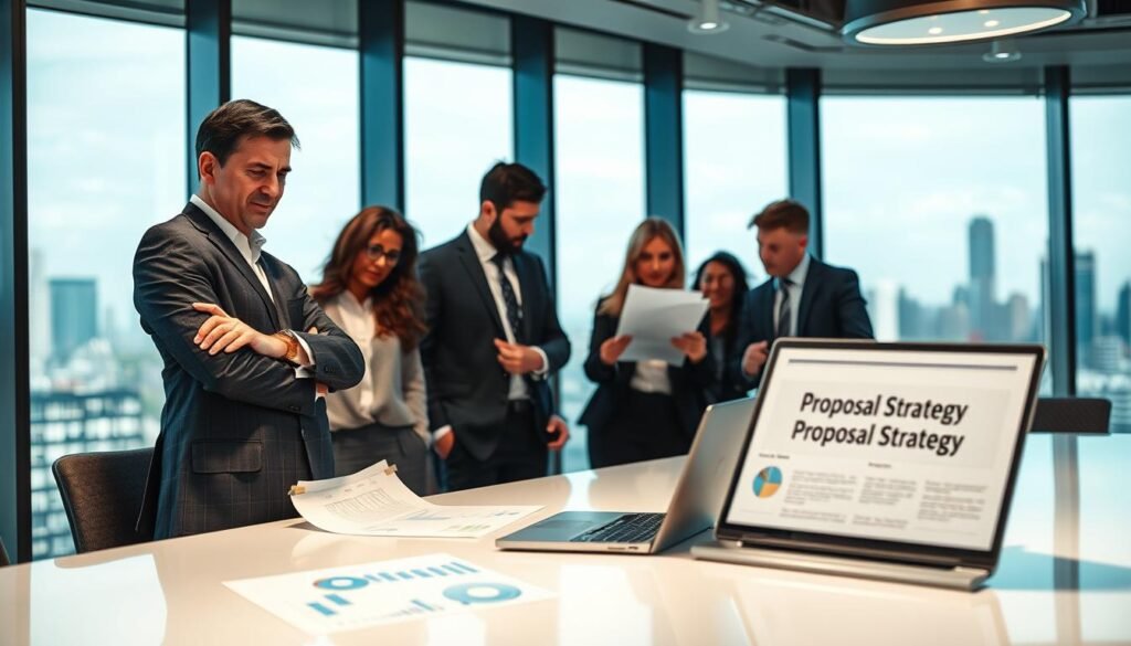 A confident business professional in a tailored suit stands at a sleek conference table, analyzing a document titled “Proposal Strategy” under soft, focused lighting. The foreground features a laptop with graphs and charts, symbolizing analysis and strategy. In the middle ground, a diverse group of professionals, dressed in business attire, engage in a dynamic discussion, some pointing at the document. The background displays large windows with a city skyline, suggesting a corporate environment. The overall mood is intense yet collaborative, with a focus on strategic planning and defense of interests. The composition has a depth of field that draws attention to the engaged individuals while providing a professional and aspirational atmosphere.