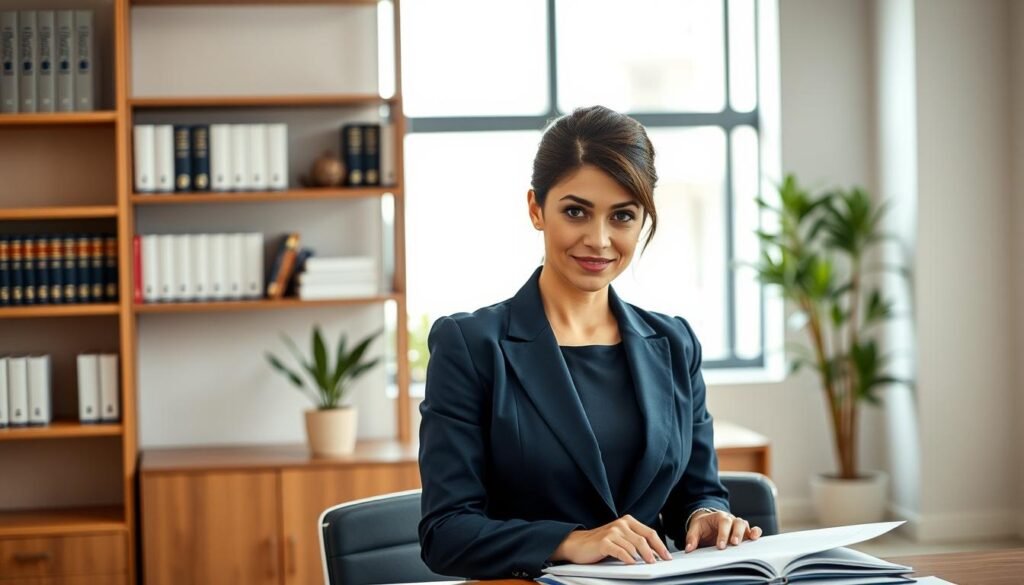 A confident female lawyer, Diana Ordoñez, stands in a modern office space, showcasing her expertise in sanction processes. She is dressed in a tailored navy blue suit, exuding professionalism, with her hair neatly styled. In the foreground, her focused expression captures her dedication, while she reviews legal documents on her desk. The middle of the image features shelves filled with law books and a potted plant for a touch of life. The background includes a large window letting in soft, natural light, highlighting the sleek, contemporary furniture. The atmosphere is serious yet inviting, reflecting her competence and warmth, perfect for someone seeking legal advice. The composition is shot from a slightly angled perspective to create depth, using a warm color palette that enhances the welcoming ambiance.