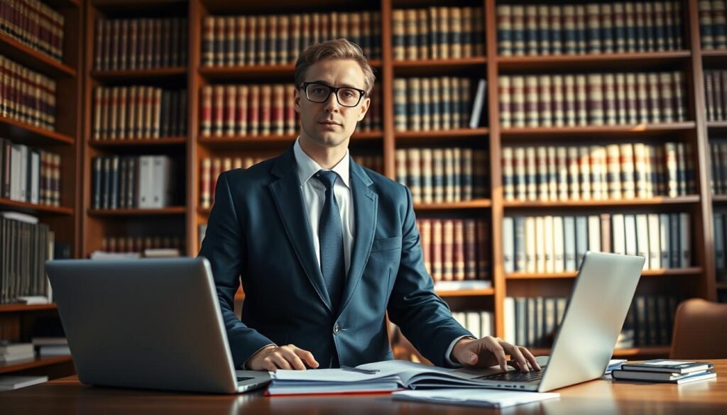 A confident lawyer in a professional setting, dressed in a tailored navy suit and glasses, stands at a sleek wooden desk filled with legal documents and a laptop. In the background, a large bookshelf showcases law books and case files, creating an environment rich in knowledge. Soft, warm lighting illuminates the scene, highlighting the lawyer's focused expression as they engage in thoughtful analysis of a case. The atmosphere is one of professionalism and determination, capturing the essence of essential qualities for a lawyer specializing in sanctioning law. The camera angle is slightly above eye level, emphasizing the lawyer’s authority and expertise in navigating complex legal issues. A confident lawyer in a professional setting, dressed in a tailored navy suit and glasses, stands at a sleek wooden desk filled with legal documents and a laptop. In the background, a large bookshelf showcases law books and case files, creating an environment rich in knowledge. Soft, warm lighting illuminates the scene, highlighting the lawyer's focused expression as they engage in thoughtful analysis of a case. The atmosphere is one of professionalism and determination, capturing the essence of essential qualities for a lawyer specializing in sanctioning law. The camera angle is slightly above eye level, emphasizing the lawyer’s authority and expertise in navigating complex legal issues.