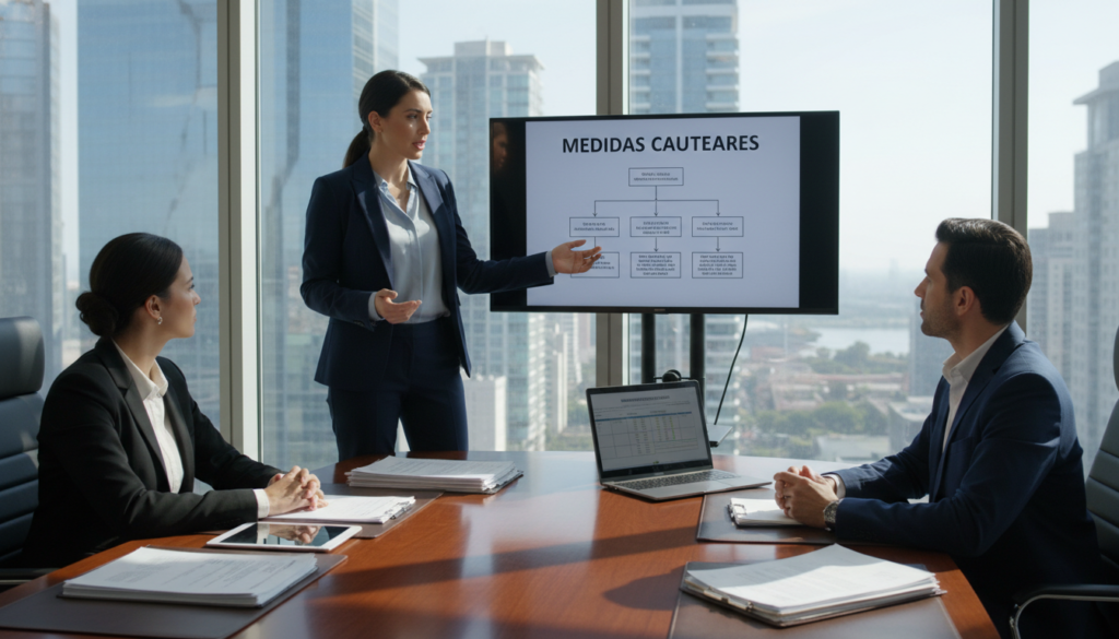A confident professional, a woman in business attire, stands in a modern office setting, engaged in discussion about "medidas cautelares." In the foreground, legal documents and a laptop are spread across a sleek conference table, symbolizing the complexities of administrative litigation. The middle ground features a large window with natural light streaming in, illuminating her attentive expression and highlighting a cityscape in the background. Soft shadows create a focus on her gestures, embodying the seriousness of protecting rights in legal matters. The overall mood is authoritative yet cooperative, emphasizing professionalism and determination in the pursuit of justice.