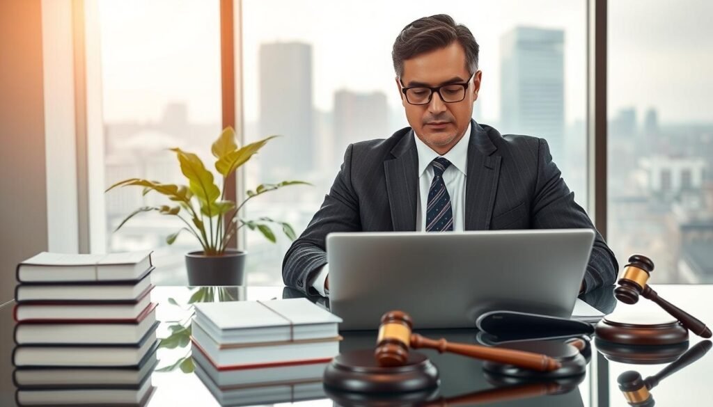 A confident, professional lawyer in a well-tailored suit, seated at a sleek glass desk, reviewing legal documents on a laptop. Front and center, a stack of law books and a gavel symbolize legal expertise. In the background, a large window reveals a city skyline, hinting at a thriving law office atmosphere. Soft, natural lighting filters in, creating a warm and inviting mood. The lawyer, a middle-aged individual of Hispanic descent, displays an expression of focus and determination. An artfully arranged house plant adds a touch of greenery, contrasting with the polished professionalism of the scene. The overall composition conveys trust, competence, and the benefits of specialized legal advice in sanction processes.