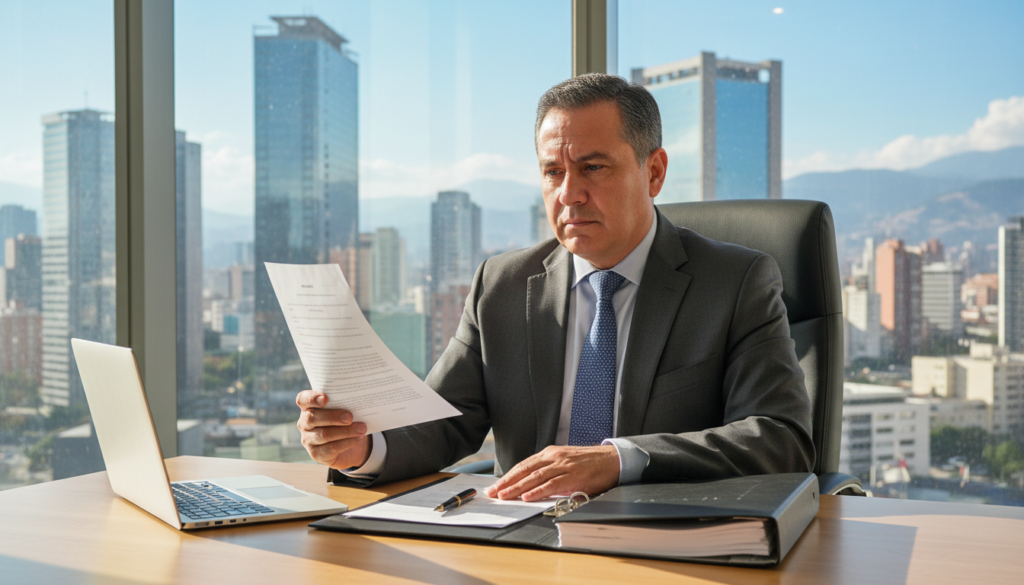 A confident, professional lawyer specializing in state contracting, seated at a sleek, modern office desk. The lawyer, a middle-aged Hispanic man in a tailored dark suit and tie, is reviewing legal documents with a focused expression. The desk is organized, with a laptop, a legal brief, and a stylish pen neatly arranged. In the background, a large window reveals the bustling urban landscape of Bogotá, with skyscrapers and the Andean mountains in the distance, under a bright blue sky. Soft, natural light filters into the room, creating a warm and inviting atmosphere. The image conveys professionalism, trust, and expertise, embodying the essence of reliable legal counsel.