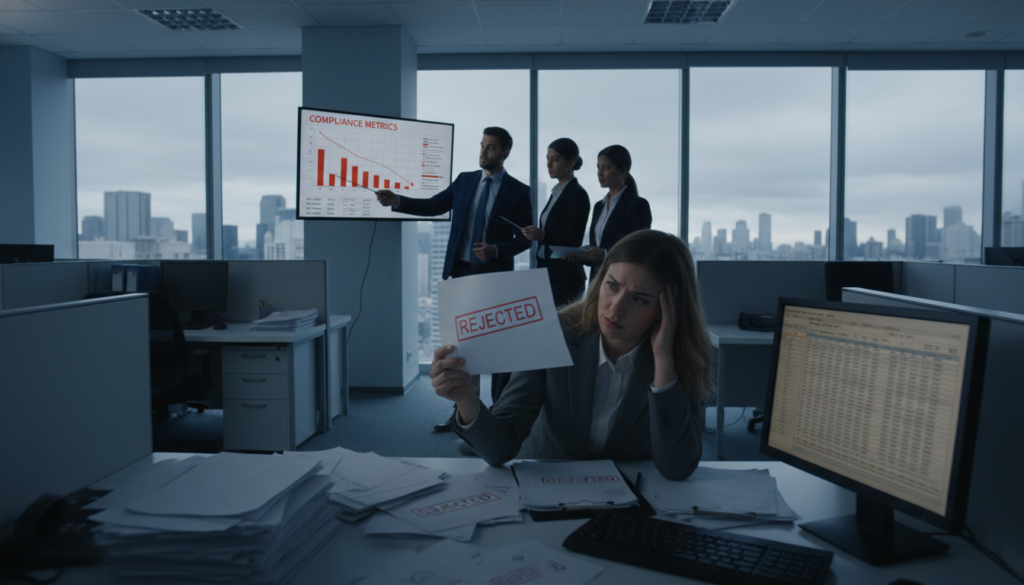 A corporate office scene illustrating the concept of non-compliance. In the foreground, a distressed businesswoman in professional attire sits at a cluttered desk, reviewing a stack of documents marked with red "Rejected" stamps. Her worried expression conveys the tension of potential legal consequences. In the middle ground, a group of suited professionals engage in a discussion, visibly concerned, with one pointing to a compliance chart on a large screen that shows downward trends. In the background, large windows reveal a gloomy, overcast skyline, symbolizing instability. The lighting is dim, enhancing the somber mood. The angle captures both the individuals and the impending sense of crisis, emphasizing the gravity of regulatory failure and its impact on organizational stability.