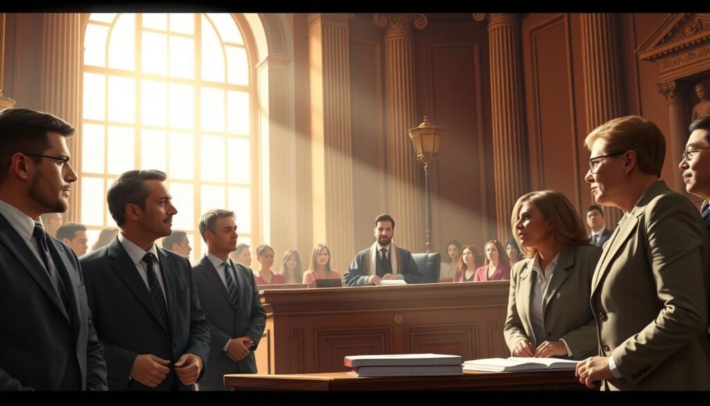 A courtroom scene depicting a significant legal case, focused on the "Fundación Cardio Infantil". In the foreground, a diverse group of professional figures, including a male lawyer in a tailored suit and a female attorney in a smart blazer, stand engaged in discussion, with serious expressions reflecting the gravity of the case. In the middle ground, a judge in traditional robes presides over the case at a large wooden bench, flanked by law books and legal documents. The background features a large window allowing natural light to filter in, casting a warm glow, while columns and ornate decorations evoke a sense of judicial authority. The atmosphere is intense, conveying a critical moment in legal history. A courtroom scene depicting a significant legal case, focused on the "Fundación Cardio Infantil". In the foreground, a diverse group of professional figures, including a male lawyer in a tailored suit and a female attorney in a smart blazer, stand engaged in discussion, with serious expressions reflecting the gravity of the case. In the middle ground, a judge in traditional robes presides over the case at a large wooden bench, flanked by law books and legal documents. The background features a large window allowing natural light to filter in, casting a warm glow, while columns and ornate decorations evoke a sense of judicial authority. The atmosphere is intense, conveying a critical moment in legal history.