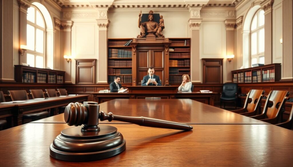 A detailed administrative courtroom setting, focusing on the "sala contencioso administrativo". In the foreground, a polished wooden judge's bench and an elegant, large wooden table for lawyers, both well-lit. A gavel rests prominently on the bench. In the middle, professional-looking lawyers in business attire discussing case files, while a judge in legal robes observes thoughtfully. The background features classical architectural elements: high ceilings with ornate moldings, large windows allowing soft natural light to filter in, and shelves filled with books of law and legal texts. The atmosphere conveys seriousness and professionalism, with warm lighting to enhance focus on the legal proceedings. The scene captures the essence of administrative law in action, reflecting its historical importance and evolution.