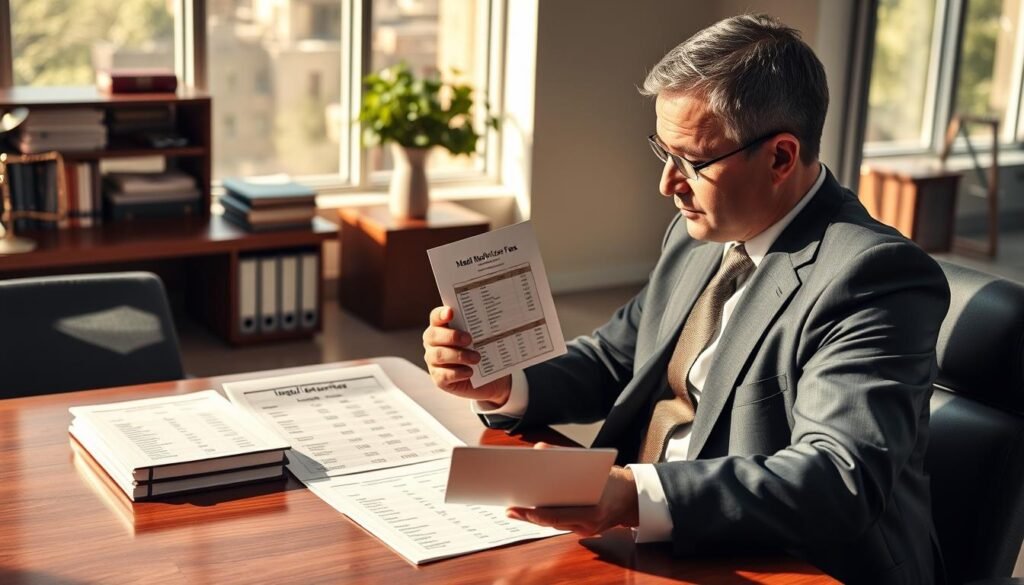 A detailed and professional office scene depicting a legal consultation focused on specific legal fees. In the foreground, a well-dressed lawyer with short hair is seated at a polished wooden desk, analyzing documents that display charts and numbers related to legal service fees. The middle ground features a stack of legal textbooks and a laptop, showcasing a spreadsheet with itemized fees for various services. In the background, a contemporary office with large windows allowing natural light to illuminate the space, creating a warm and inviting atmosphere. Soft shadows enhance the depth of the scene, while the overall mood conveys professionalism and clarity. The image should focus on elements that represent legal services without including any people other than the lawyer.