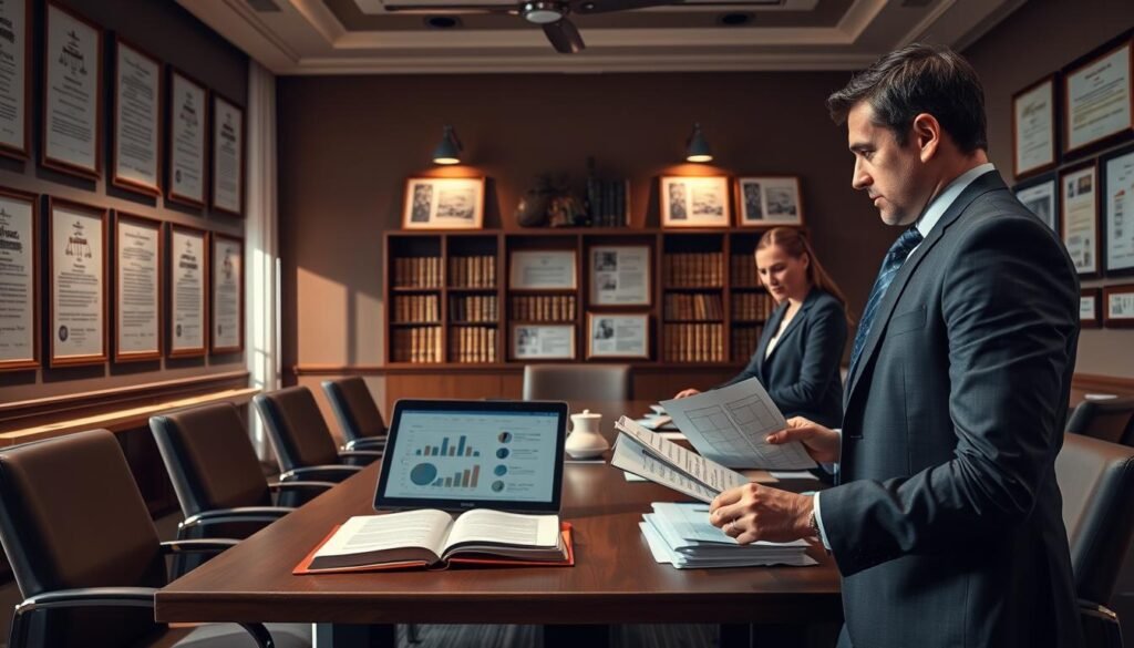 A detailed composition illustrating the legal framework of state contracting, focusing on the theme "Legal Regime and Capacity in State Contracting." In the foreground, display a confident business professional in formal attire, discussing documents with a colleague. In the middle, include a well-organized meeting room setup featuring a large table, legal books, and a laptop showcasing charts and graphs. In the background, decorate the room with framed legal statutes and regulations on the walls, creating an atmosphere of authority and professionalism. Soft, focused lighting enhances the details, while a wide-angle perspective invites viewers into the scene, emphasizing collaboration and legal discourse. The mood should be serious yet collaborative, highlighting the essence of legal requirements in government contracts.