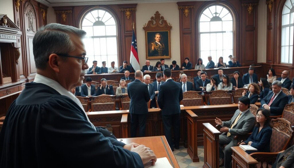 A detailed courtroom setting showcasing the legal dispute between Retromaquinas S.A. and the Municipality of Cúcuta. In the foreground, a serious judge presides over the courtroom, wearing formal judicial attire. The middle ground features two teams of legal professionals in business suits, one side representing Retromaquinas S.A., and the other representing the municipality, engaged in a heated discussion. The background includes ornate wooden benches filled with an audience observing the proceedings, with large windows allowing soft natural light to illuminate the space, creating a somber yet focused atmosphere. The composition should capture the tension and gravity of the legal atmosphere, with a clean, professional aesthetic that reflects the complexities of public contracting disputes.