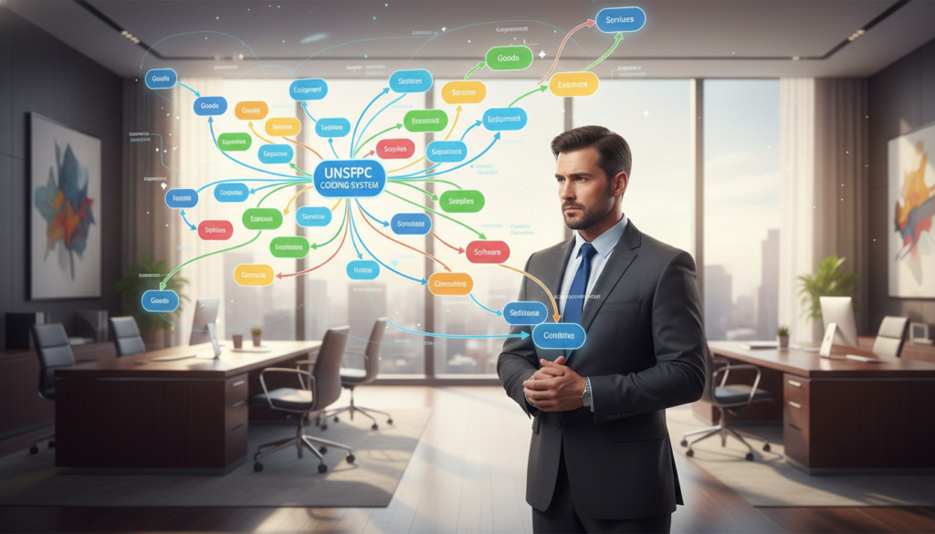 A detailed illustration of UNSPSC coding, showcasing a large, visually engaging flowchart or diagram illustrating various categories and subcategories. In the foreground, a professional businessperson, dressed in a tailored suit, examines the flowchart, depicting concentration and insight. The middle section features vibrant-colored interconnected nodes representing different UNSPSC categories, with arrows showing their relationships. The background includes a sophisticated office environment, characterized by large windows allowing natural light to filter through, casting a warm glow. The mood is strategic and focused, emphasizing the importance of structured data for successful public procurement. The angle is slightly elevated, offering a comprehensive view of the flowchart while highlighting the businessperson's engagement with the content.