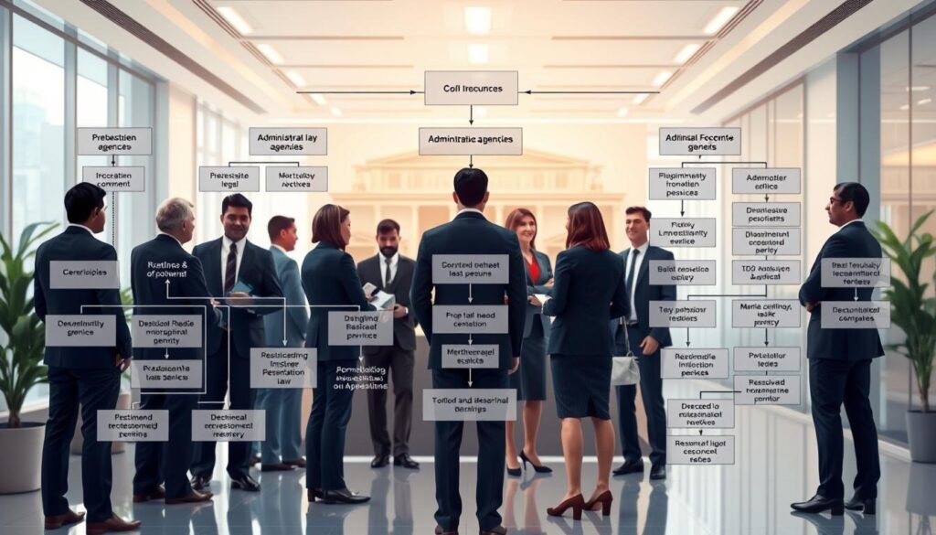 A detailed illustration of the structure of Colombian administrative law, emphasizing a clear flowchart style. In the foreground, depict key elements like administrative agencies, legal frameworks, and processes in an organized manner. In the middle, represent the interaction between various stakeholders such as government officials, legal practitioners, and the public, all shown in professional business attire. The background should feature a well-lit, modern office environment with hints of Colombian architecture, adding depth and context. Use a soft light source for a professional, polished atmosphere, with a slight tilt-down aerial angle to capture the entire scene comprehensively. Ensure the mood reflects professionalism and clarity, with a focus on understanding the application of administrative law in Colombia. A detailed illustration of the structure of Colombian administrative law, emphasizing a clear flowchart style. In the foreground, depict key elements like administrative agencies, legal frameworks, and processes in an organized manner. In the middle, represent the interaction between various stakeholders such as government officials, legal practitioners, and the public, all shown in professional business attire. The background should feature a well-lit, modern office environment with hints of Colombian architecture, adding depth and context. Use a soft light source for a professional, polished atmosphere, with a slight tilt-down aerial angle to capture the entire scene comprehensively. Ensure the mood reflects professionalism and clarity, with a focus on understanding the application of administrative law in Colombia.