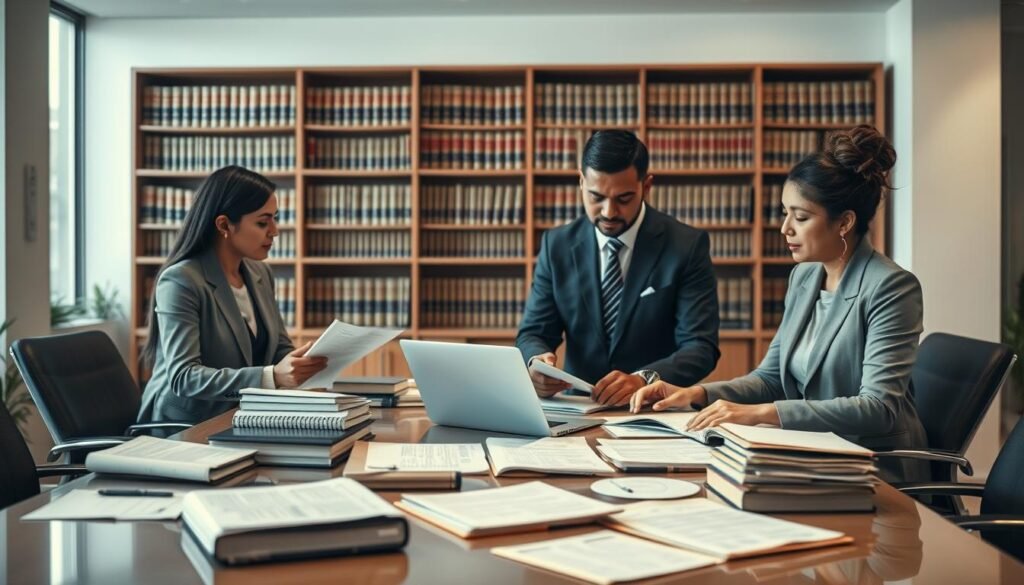 A detailed legal office scene illustrating "derecho administrativo procesos sancionatorios." In the foreground, a diverse group of three professionals in formal business attire are engaged in a discussion over legal documents and case files, focused and purposeful. In the middle, a large, modern conference table is strewn with legal books, a laptop, and case paperwork, showcasing the complexity of administrative law. In the background, a bookshelf lined with legal textbooks and statutes, softly illuminated by natural light streaming through large windows, creates a warm yet professional atmosphere. The overall composition conveys a sense of diligence and authority, while the soft focus on the background adds depth to the setting. The lighting is bright yet soft, emphasizing the seriousness of legal processes without being harsh.