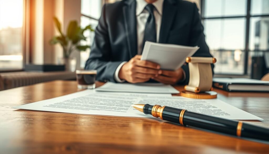 A detailed workspace scene illustrating the essential elements for contract additions in a legal context. In the foreground, a polished wooden table holds important legal documents, a fountain pen, and a brass paperweight shaped like a contract scroll. In the middle, a professional legal advisor, dressed in a sharp suit, reviews the documents with a focused expression, surrounded by a subtle aroma of coffee. In the background, a modern office with large windows allows natural light to flood the room, casting soft shadows. The atmosphere is one of professionalism and concentration, with a warm color palette of browns and golds, suggesting a serious yet inviting environment for legal discussions. The composition should be well-balanced, evoking a sense of clarity and organization. A detailed workspace scene illustrating the essential elements for contract additions in a legal context. In the foreground, a polished wooden table holds important legal documents, a fountain pen, and a brass paperweight shaped like a contract scroll. In the middle, a professional legal advisor, dressed in a sharp suit, reviews the documents with a focused expression, surrounded by a subtle aroma of coffee. In the background, a modern office with large windows allows natural light to flood the room, casting soft shadows. The atmosphere is one of professionalism and concentration, with a warm color palette of browns and golds, suggesting a serious yet inviting environment for legal discussions. The composition should be well-balanced, evoking a sense of clarity and organization.