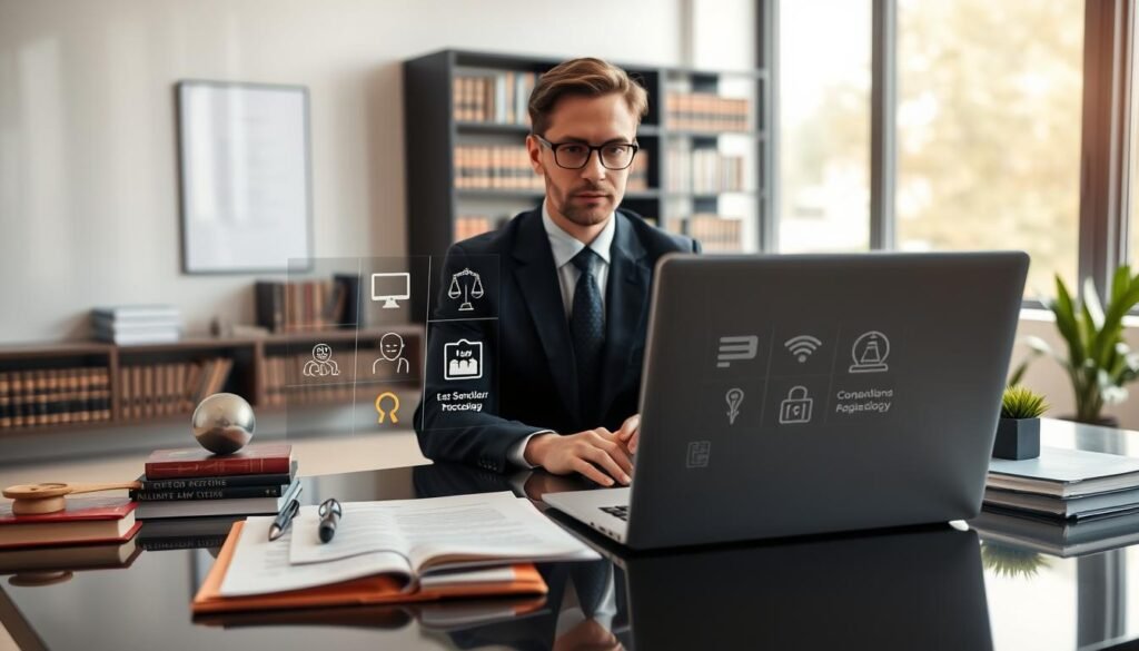 A digital legal advisor's workspace, showcasing an online consultation setup focused on sanction processes. In the foreground, a professional lawyer in business attire, seated at a modern desk with a laptop open, displaying legal documents and digital tools. The middle ground features a virtual interface with icons representing legal services, surrounded by books on law and technology. The background presents a softly lit office environment, with a sleek bookshelf filled with law books and a large window allowing natural light to filter in, creating an inviting atmosphere. The overall mood is professional and authoritative, highlighting the concept of online legal expertise in sanction processes.