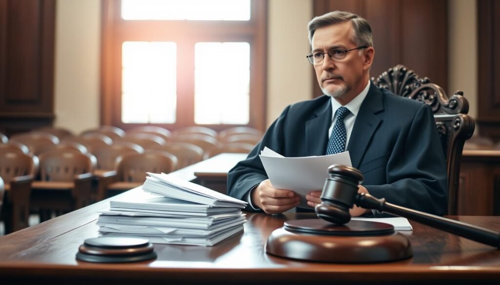 A dignified administrative judge in a formal courtroom setting, wearing a tailored suit and holding legal documents, sits at a wooden bench adorned with intricate carvings. In the foreground, a gavel rests beside stacks of case files, symbolizing authority and order. The middle layer features a large window with soft, natural light pouring in, illuminating the judge's thoughtful expression as they review evidence. In the background, rows of seats for the public are slightly blurred, adding depth to the scene. A solemn, focused atmosphere pervades the image, highlighting the weight of legal interpretation and the role of the judge in administrative law. The overall mood is one of seriousness and professionalism, reflecting the importance of judicial decision-making in contractual disputes.