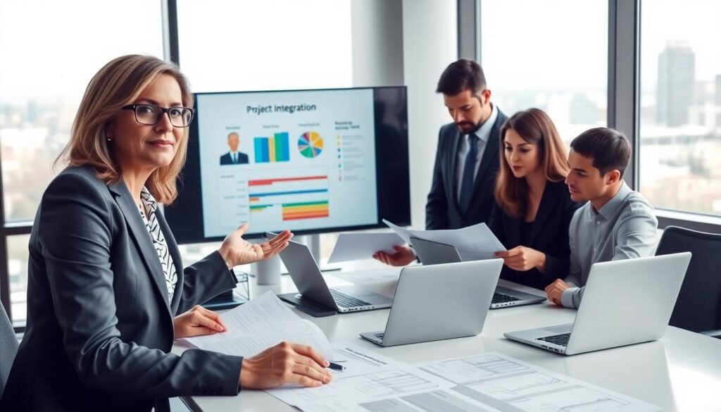 A diverse group of professionals in business attire collaborating around a modern conference table, focused on reviewing state project documents and blueprints. In the foreground, a confident, middle-aged woman gestures towards a presentation screen displaying a colorful infographic about project integration. In the middle ground, two men and a woman analyze charts and plans with laptops open, all engaged in discussion. The background shows a large window with a cityscape, suggesting a government building. Soft, natural lighting filters in, creating a collaborative and productive atmosphere, emphasizing teamwork and professionalism. No text or branding elements in the image.