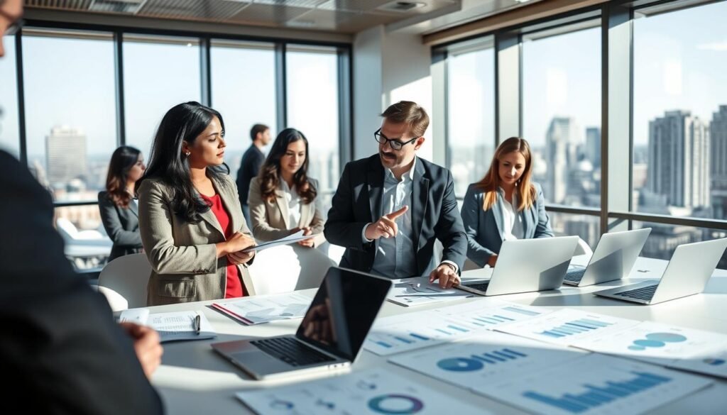 A diverse group of professionals, representing legal and academic expertise, collaborates in a modern conference room. In the foreground, a South Asian woman in a tailored blazer discusses a project with a Caucasian man in a smart suit, both engaged in strategic planning. In the middle, a large table is covered with documents and laptops, showcasing graphs and charts related to governmental contracts. In the background, a large window reveals a city skyline, casting natural light into the room, creating a bright and inspiring atmosphere. The overall mood conveys professionalism and teamwork, highlighting the synergy of legal consultancy and academic partnerships. The scene is captured from a slightly elevated angle, adding depth and focus to the collaborative environment.