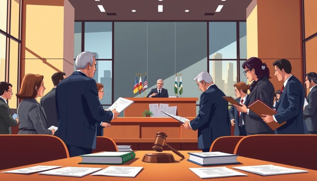 A dynamic illustration representing public contract disputes and legal challenges, featuring a modern courtroom setting. In the foreground, a diverse group of professionals, including men and women in business attire, engaged in a heated discussion, reviewing documents and reports. The middle ground showcases a judge presiding over the court, surrounded by legal books and a gavel, emphasizing authority. The background reveals a large window with natural light streaming in, hinting at an urban skyline, creating a contrast between the legal environment and the outside world. The atmosphere is tense yet focused, with a depth of field that highlights the seriousness of the litigation process, framed with a slight upward angle to convey urgency and gravity.